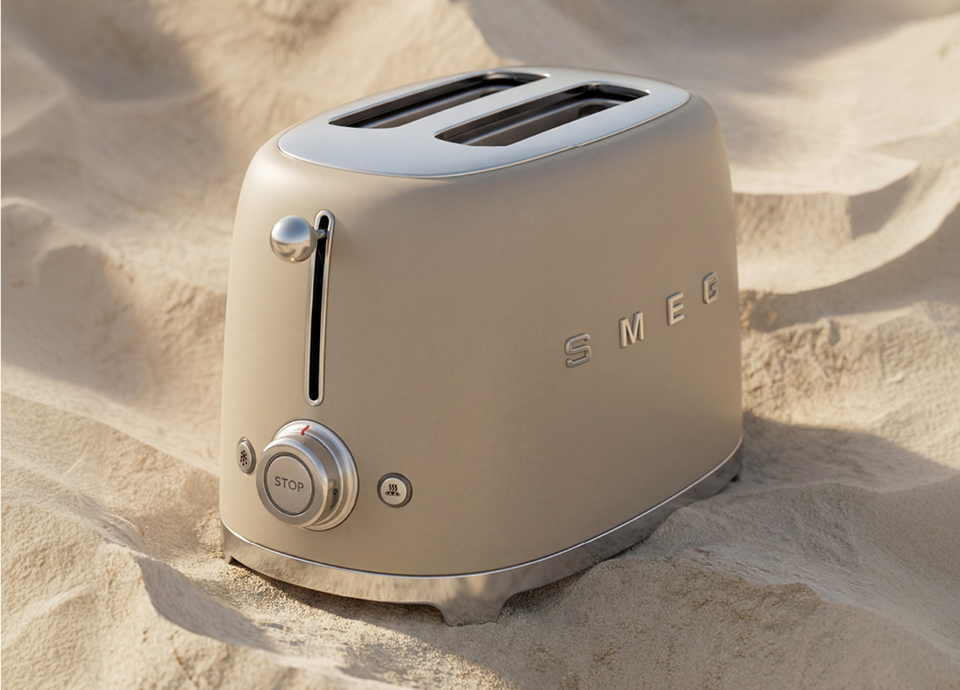 Two-slot SMEG toaster in moonlight matt, featuring chrome details and a control knob, placed on soft sand dunes with gentle natural light highlighting its smooth curved design.
