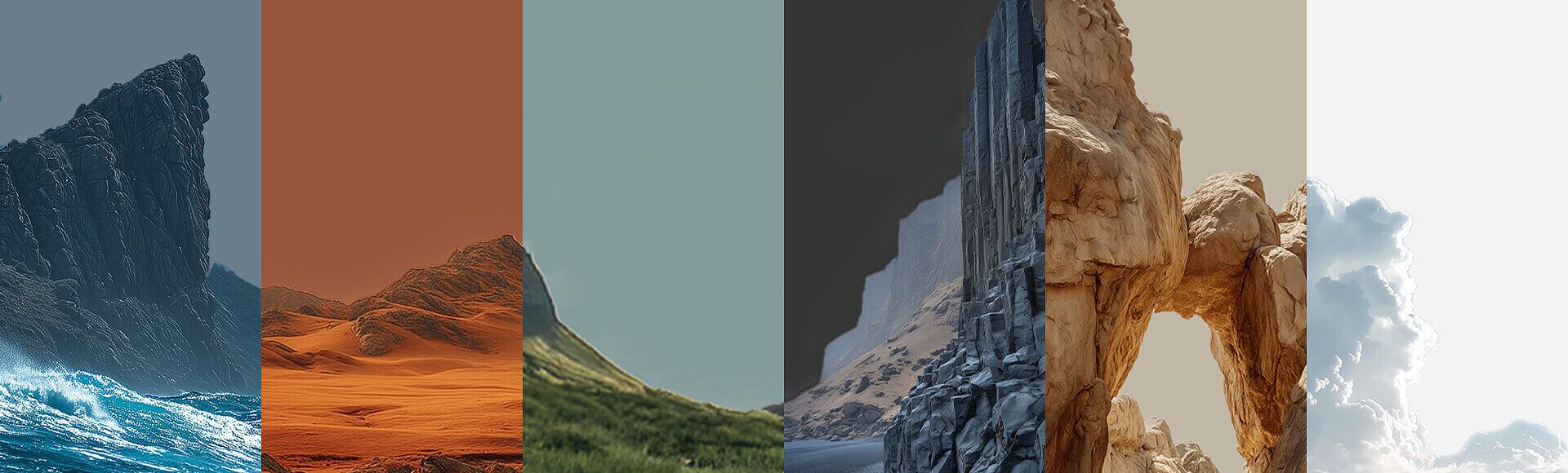 Panoramic collage of diverse natural landscapes separated into vertical sections, featuring ocean waves, desert dunes, green hills, rocky cliffs, and a stone arch formation under varying skies and lighting conditions.