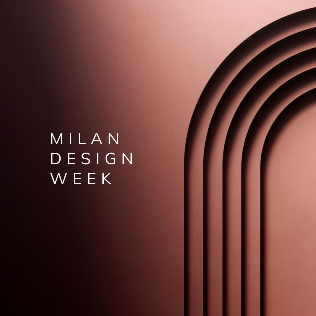 Grafismo para a Milan Design Week com tipografia minimalista e motivos arquitetónicos curvos.
