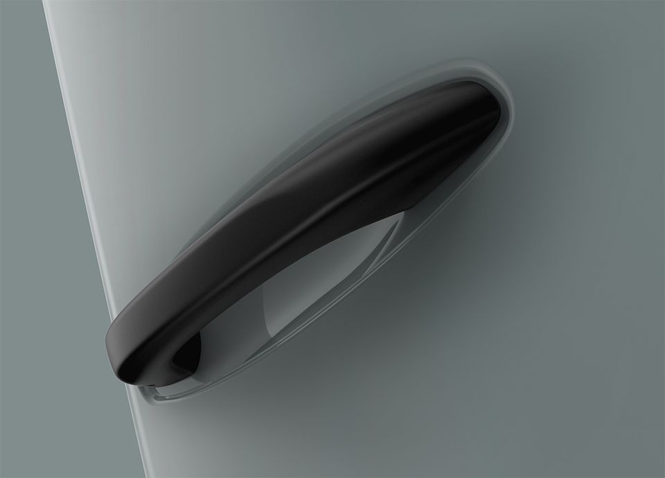 Detail of the refrigerator FAB in colour shade green with black matte handle.