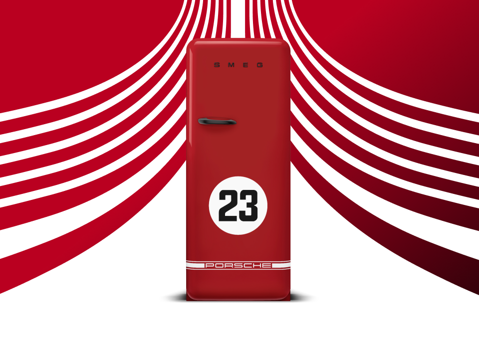 Porsche × SMEG FAB28 917 Salzburg wears the legendary red livery and racing stripes with matte‑black accents and a numbered authenticity plate.