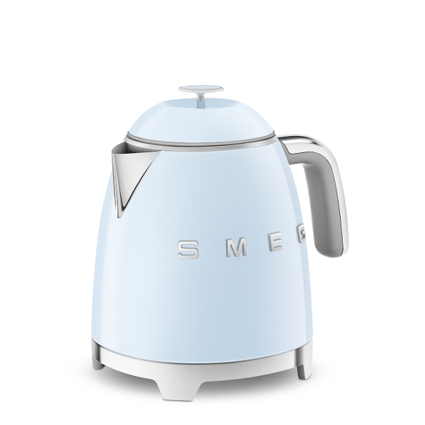 Smeg Mini Electric Kettle in Pastel Blue with chrome base, spout and handle