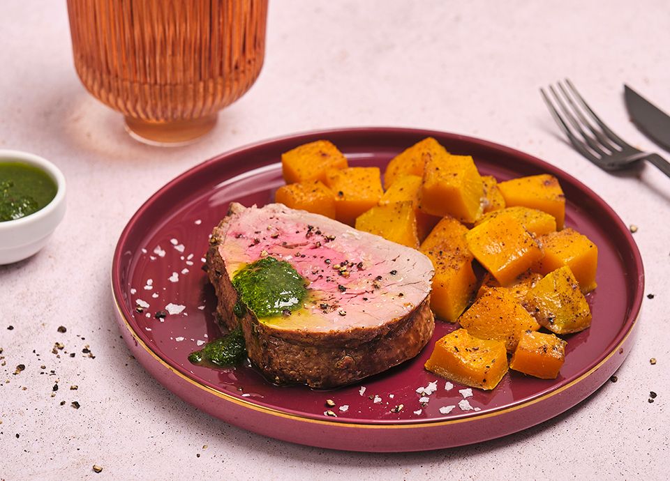 Roasted beef tenderloin, chimichurri and roasted pumpkin with cardamomo