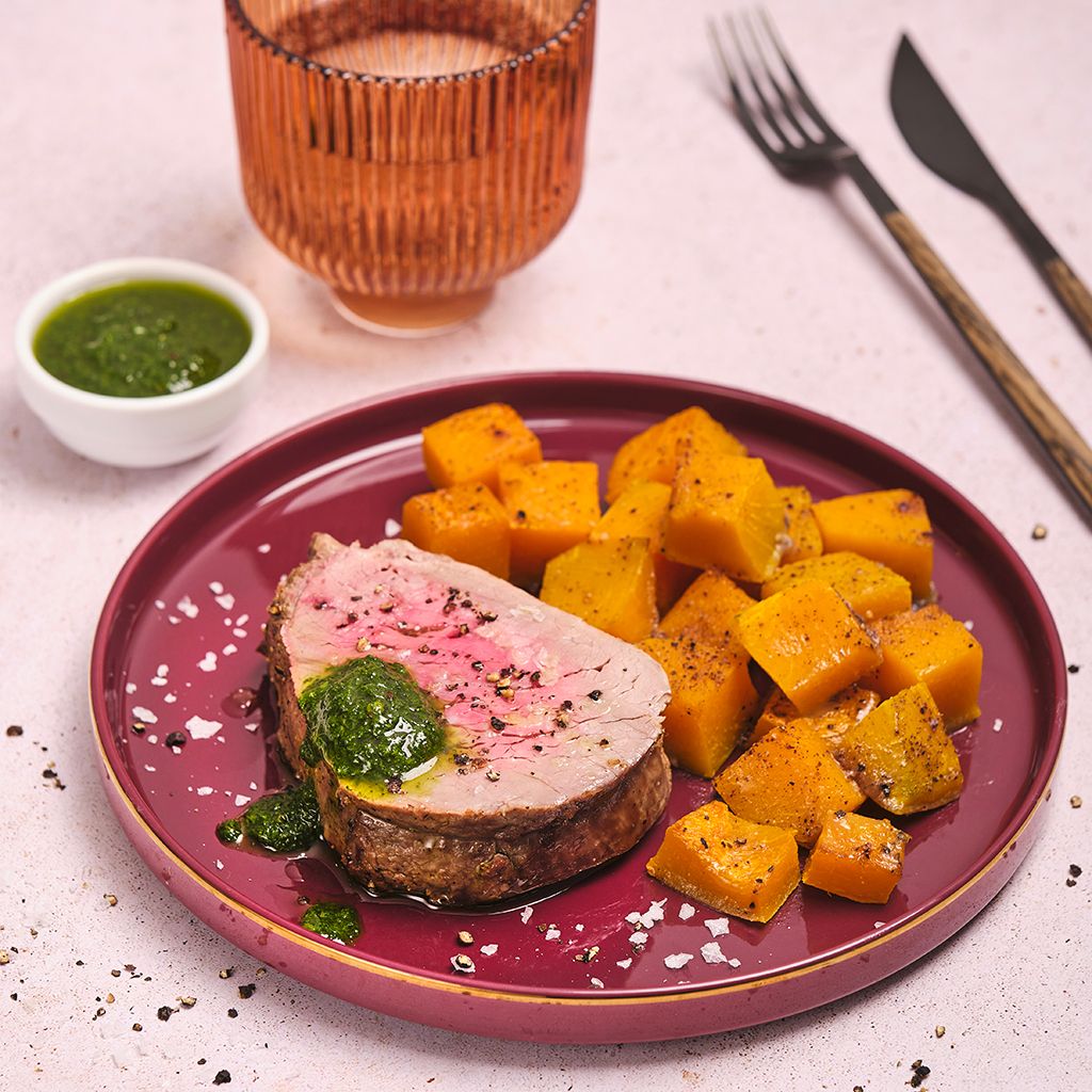 Roasted beef tenderloin, chimichurri and roasted pumpkin with cardamomo