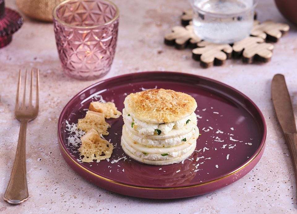 Millefeuille of celeriac gratin, ricotta cheese, spinach and parmesan chips
