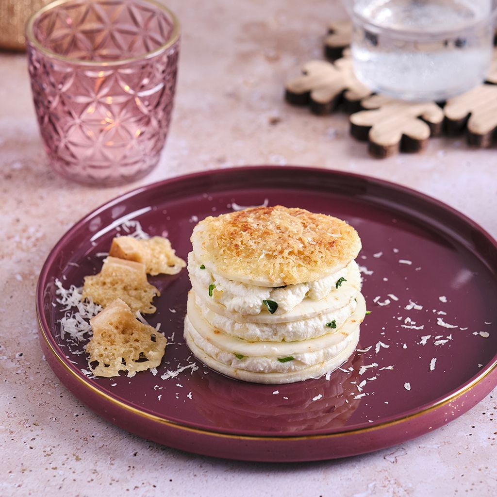 Millefeuille of celeriac gratin, ricotta cheese, spinach and parmesan chips