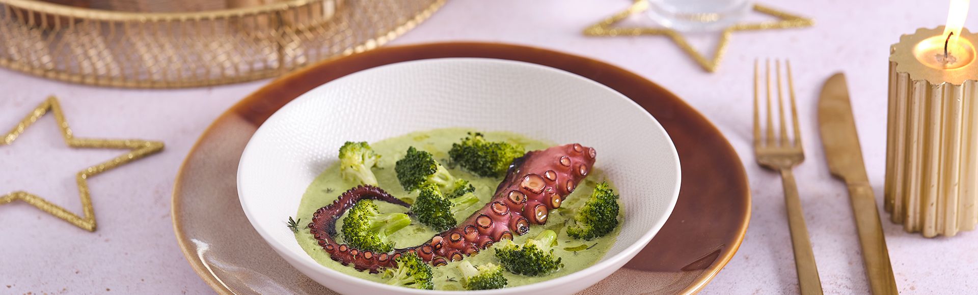 Roasted octopus on broccoli cream