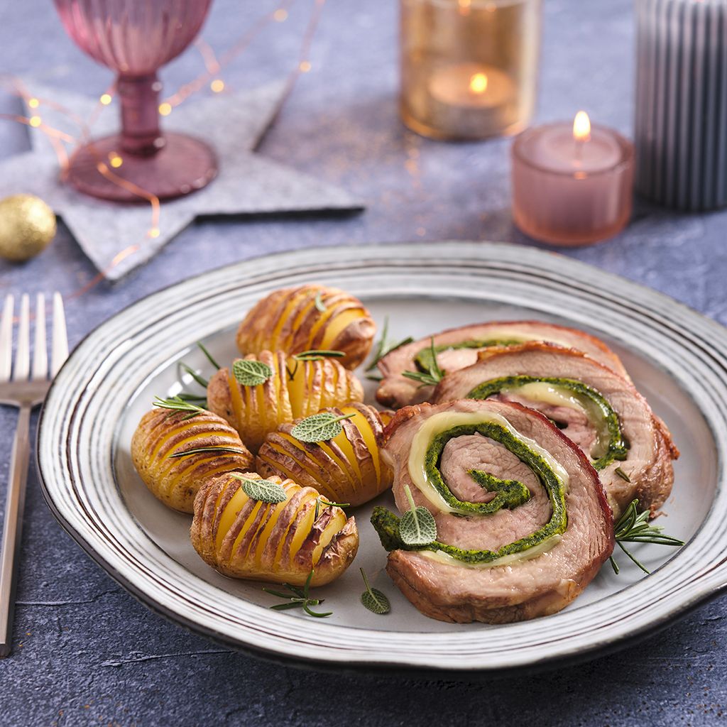 Gevulde kalfsrollade en hasselback aardappelen