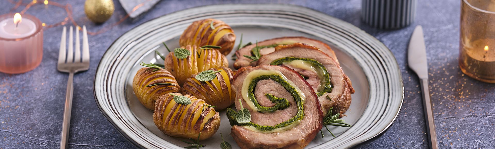 Stuffed veal roll and hasselback potatoes