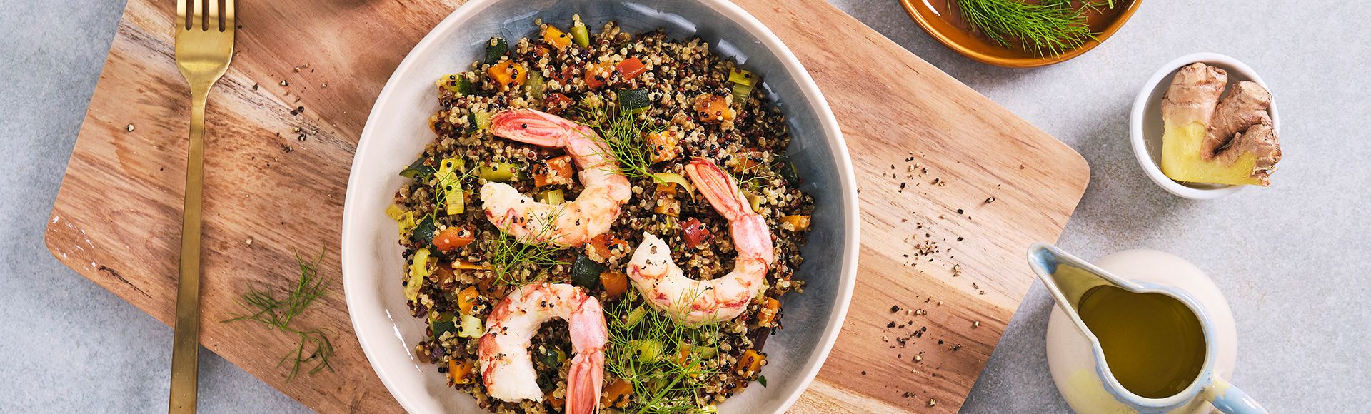 Quinoa au gingembre, légumes et crevettes