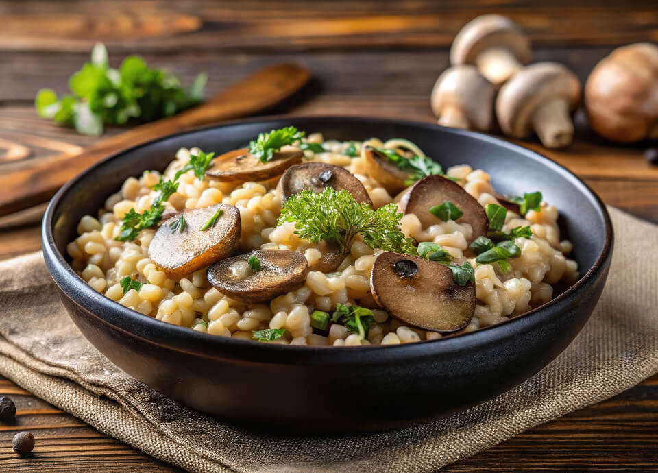 Orzo mantecato ai funghi, servito in una ciotola scura e guarnito con erbe fresche.