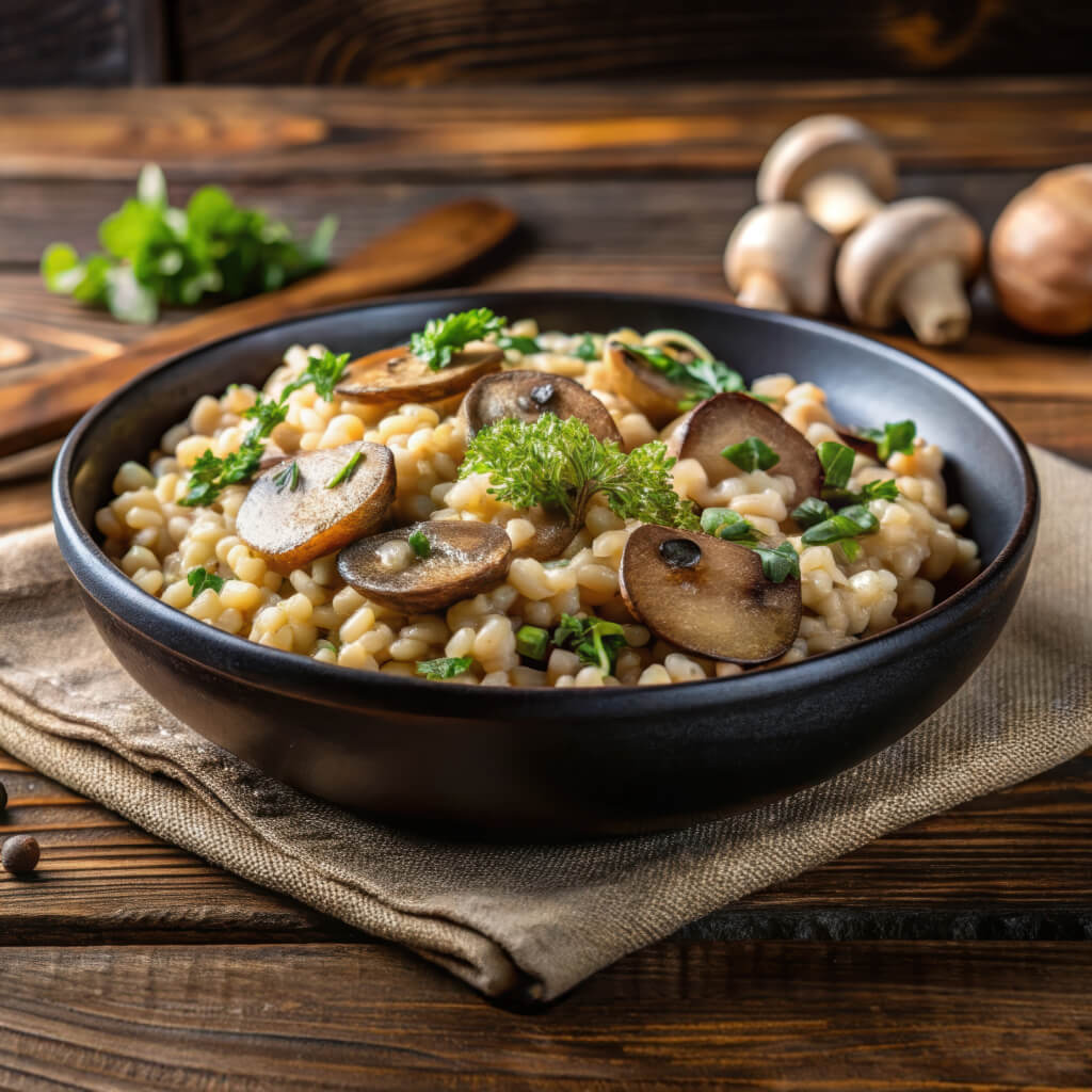 Orzo mantecato ai funghi, servito in una ciotola scura e guarnito con erbe fresche.