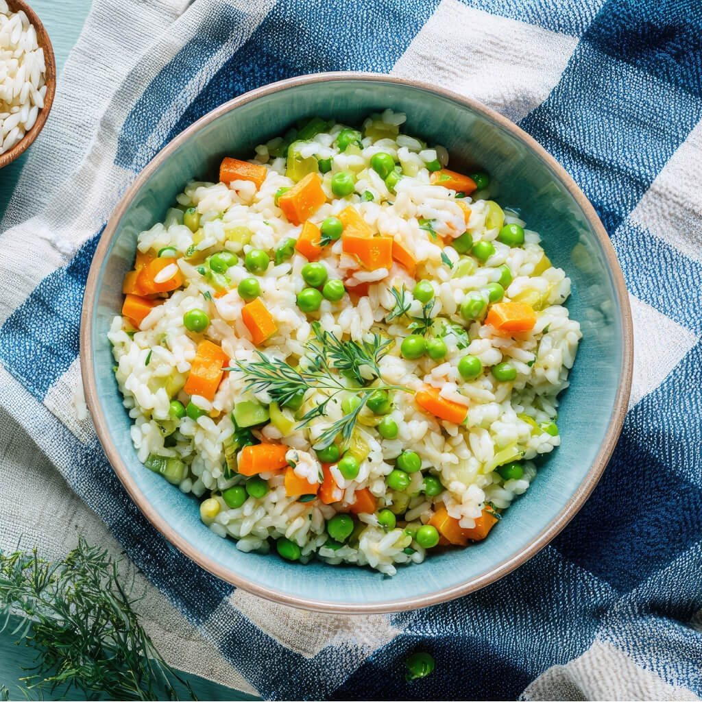 Risotto alle verdure con piselli, carote e zucchine servito in una ciotola su tovaglietta a quadri.