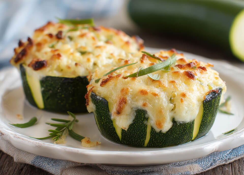 Zucchine tonde gratinate al forno, ripiene e ricoperte da una crosta dorata di formaggio.