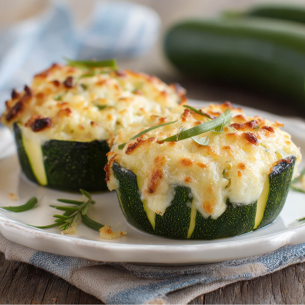 Zucchine tonde gratinate al forno, ripiene e ricoperte da una crosta dorata di formaggio.