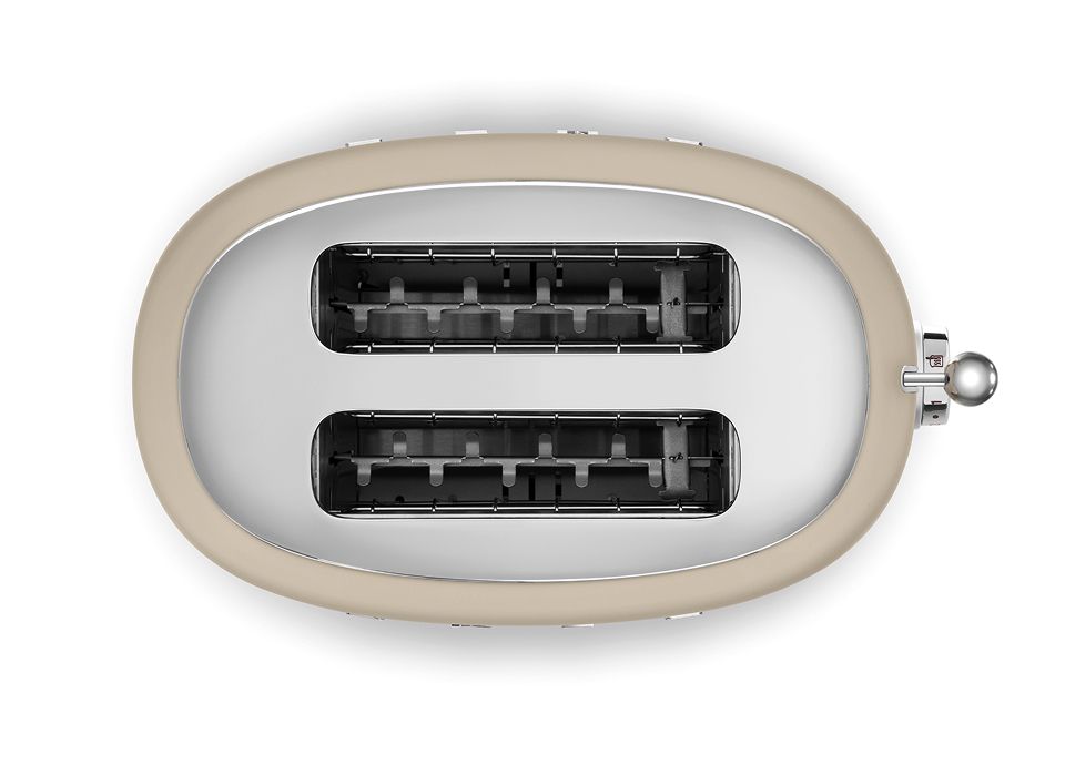 Vista superior da torradeira Moonlight com acabamento mate e duas fendas, evidenciando os detalhes em cromado e a alavanca de controlo de tostagem.
