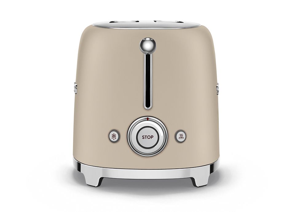 Vista lateral da torradeira Moonlight com acabamento mate, com botão stop retroiluminado e seletor de nível de tostagem em cromado.