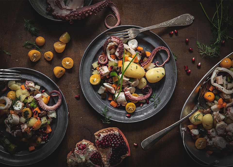 Salade de poulpe au kumquat, à la grenade et aux pommes de terre à l'aneth