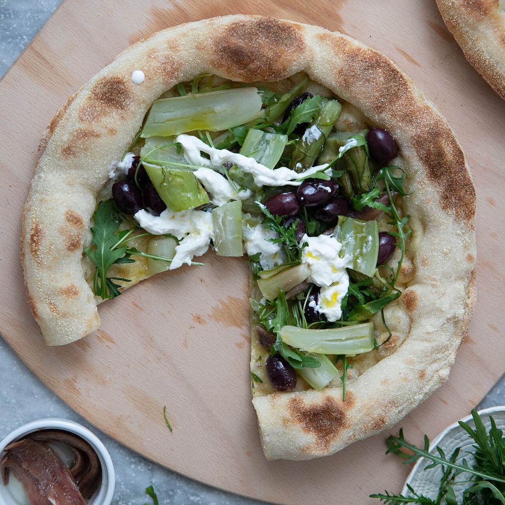 Chicory and anchovies pizza